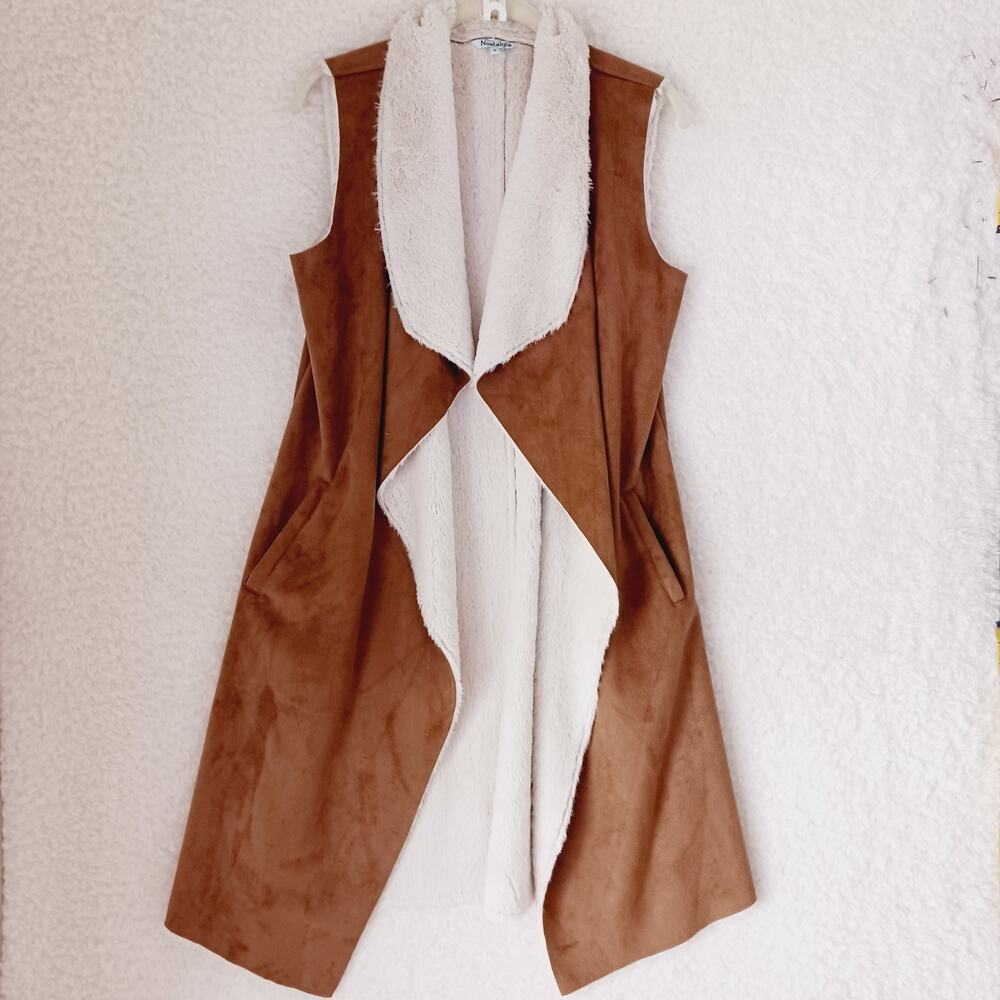 Jacket Vest Women Long Nostalgia Pocket Sueded Feel Mock Sheepskin Lining Size S